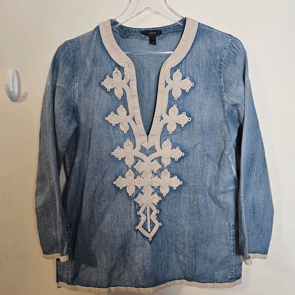 J. Crew Embroidered Chambray Tunic Blouse Style A8431 Womens Blue/White Size 2